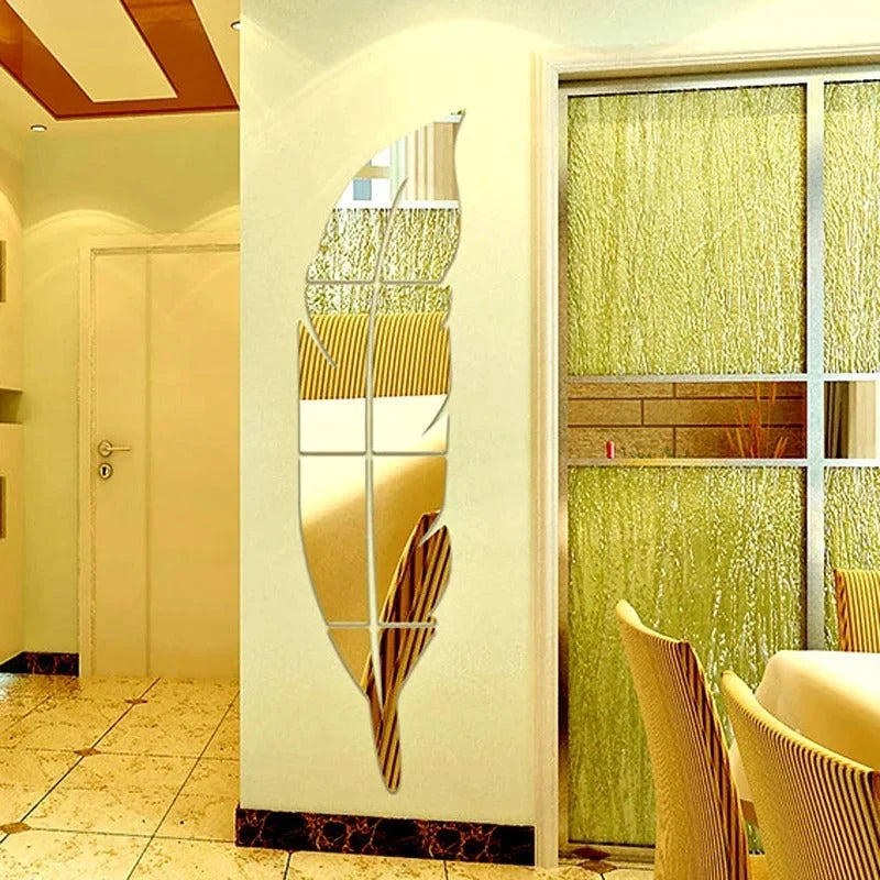 Golden Acrylic Feather Leaf Mirror Wall Sticker (37x7 inch)